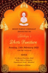 Traditional Dhoti Ceremony Invitation Card In Orange Theme And Decorated With Maroon Mahal Frame, Golden Border, Brahman
