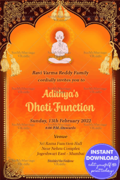 Traditional Dhoti Ceremony Invitation Card In Orange Theme And Decorated With Maroon Mahal Frame, Golden Border, Brahman