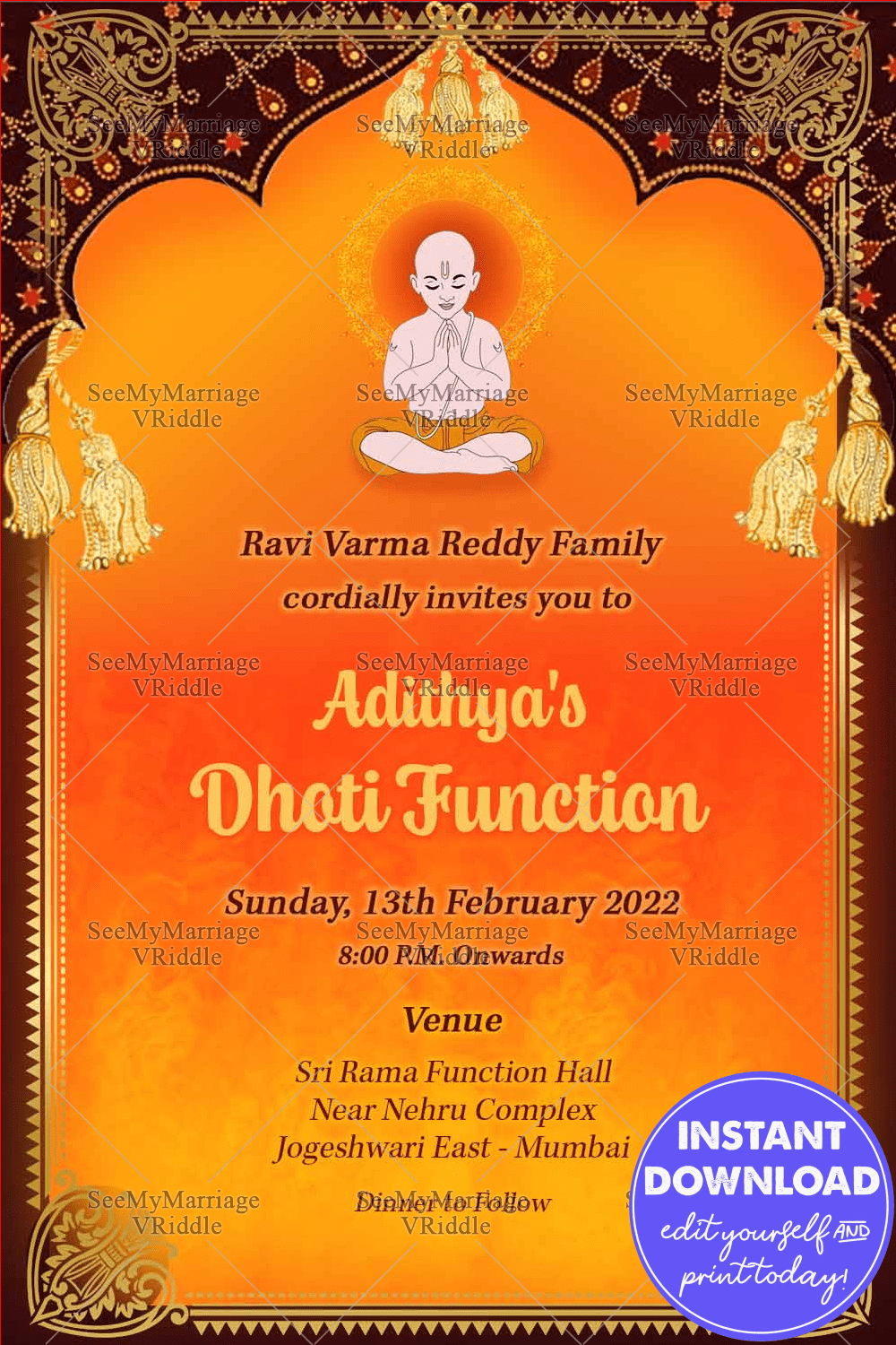 Traditional Dhoti Ceremony Invitation Card In Orange Theme And Decorated With Maroon Mahal Frame, Golden Border, Brahman