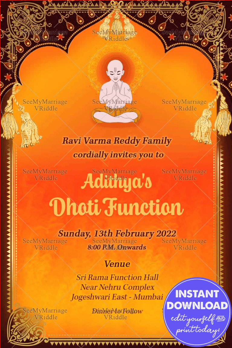 Traditional Dhoti Ceremony Invitation Card In Orange Theme And Decorated With Maroon Mahal Frame, Golden Border, Brahman