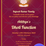Traditional Dhoti Ceremony Invitation Card In Royal Maroon Theme And Decorated With Yellow Border, Brahman