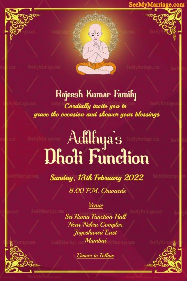 Traditional Dhoti Ceremony Invitation Card In Royal Maroon Theme And Decorated With Yellow Border, Brahman