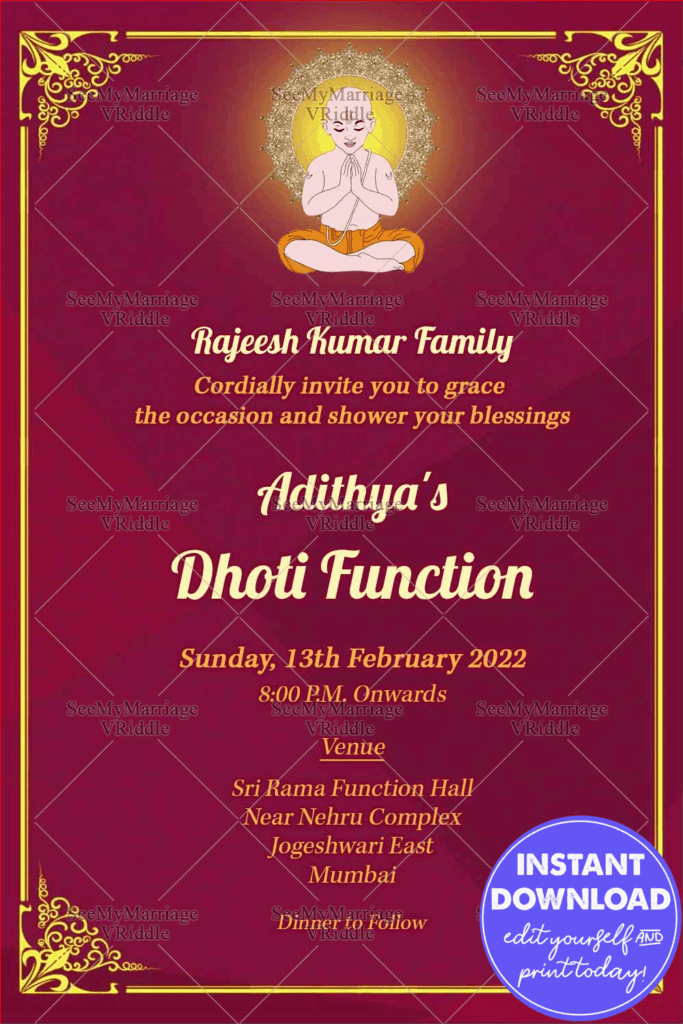 Traditional Dhoti Ceremony Invitation Card In Royal Maroon Theme And Decorated With Yellow Border, Brahman