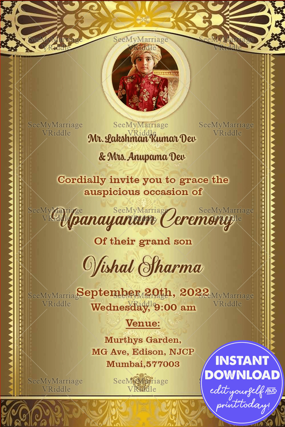 Traditional Dhoti Ceremony Invitation Card With Photo Frame In Royal Golden Theme