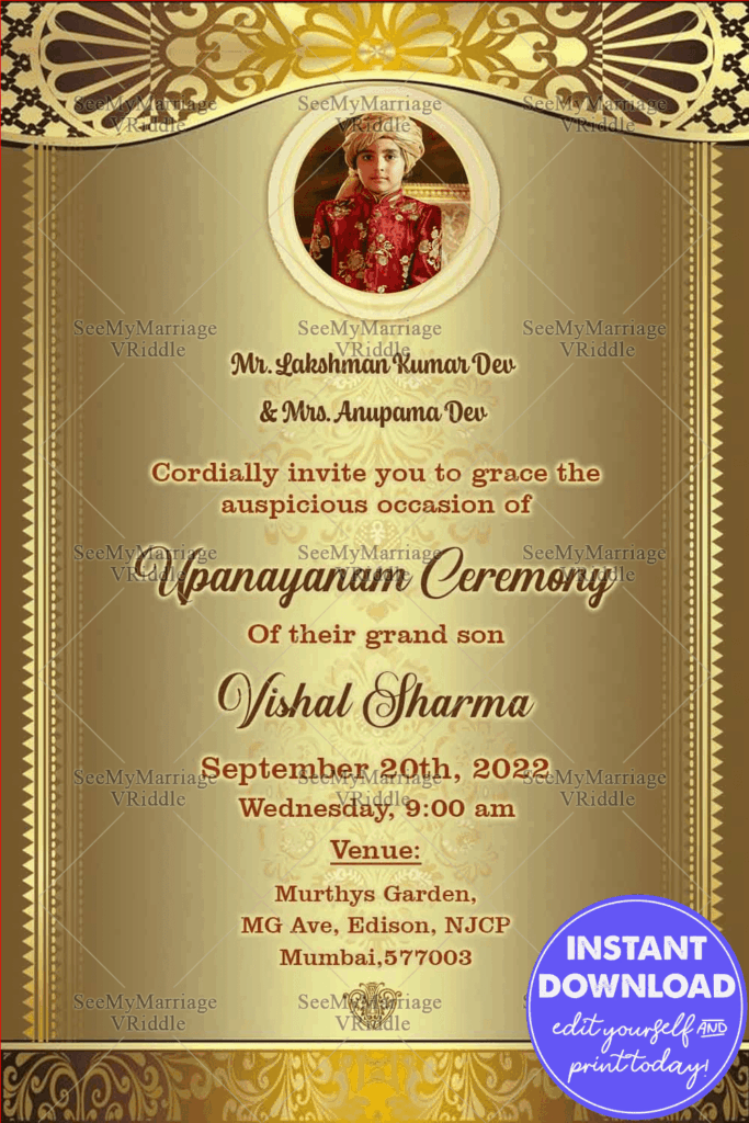 Traditional Dhoti Ceremony Invitation Card With Photo Frame In Royal Golden Theme