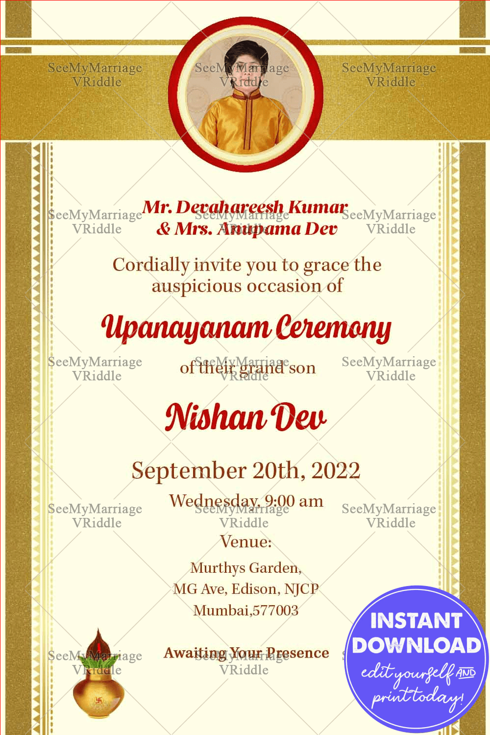 Traditional Upanayanam Ceremony Invitation Card In Off White Theme And Decorated With Golden Kasvu Border, Photo Frame,