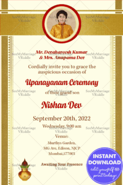 Traditional Upanayanam Ceremony Invitation Card In Off White Theme And Decorated With Golden Kasvu Border, Photo Frame,