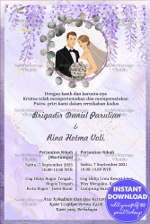 Undangan Pernikahan Indonesia Wedding Invitation Card Decorated With Lavender Flowers On A Purple Marble Effect Background And Couple Photo Frame