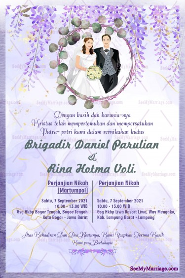 Undangan Pernikahan Indonesia Wedding Invitation Card Decorated With Lavender Flowers On A Purple Marble Effect Background And Couple Photo Frame
