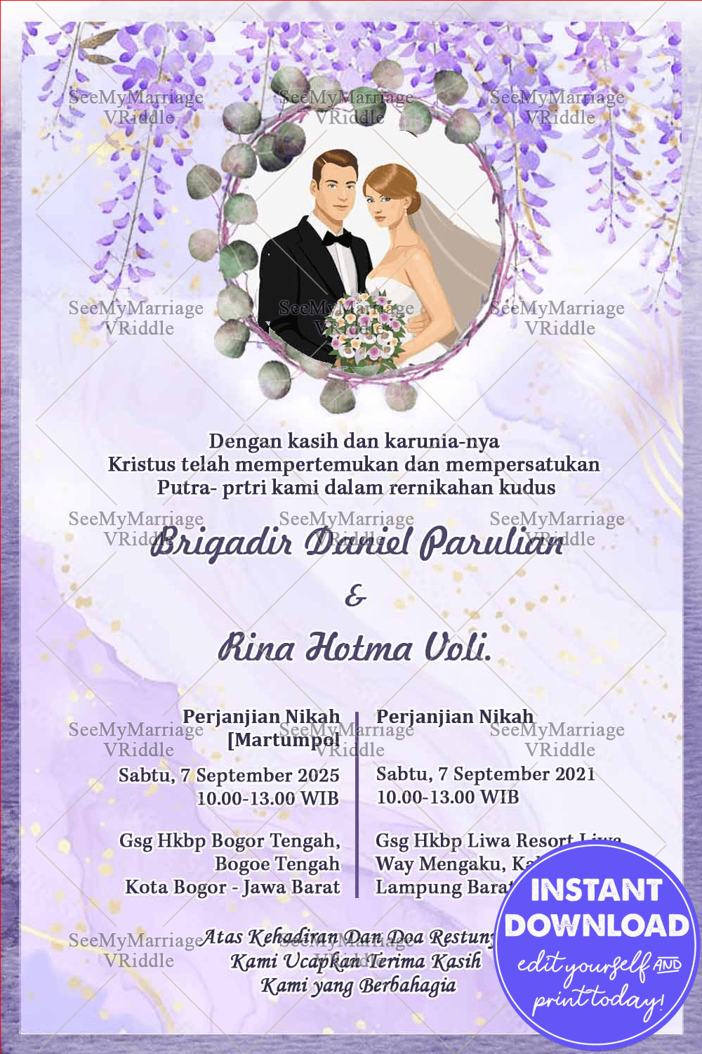 Undangan Pernikahan Indonesia Wedding Invitation Card Decorated With Lavender Flowers On A Purple Marble Effect Background And Couple Photo Frame