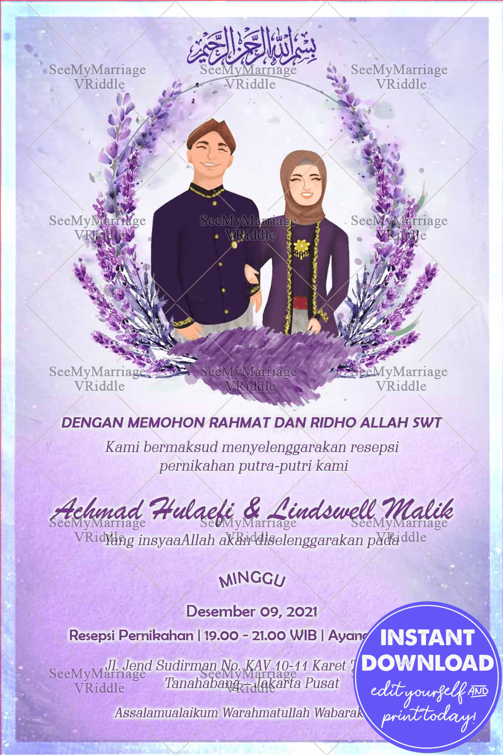 Undangan Pernikahan Indonesia Wedding Invitation Card Decorated With Lavender Flowers On A Purple Watercolor Background And Couple Photo Frame