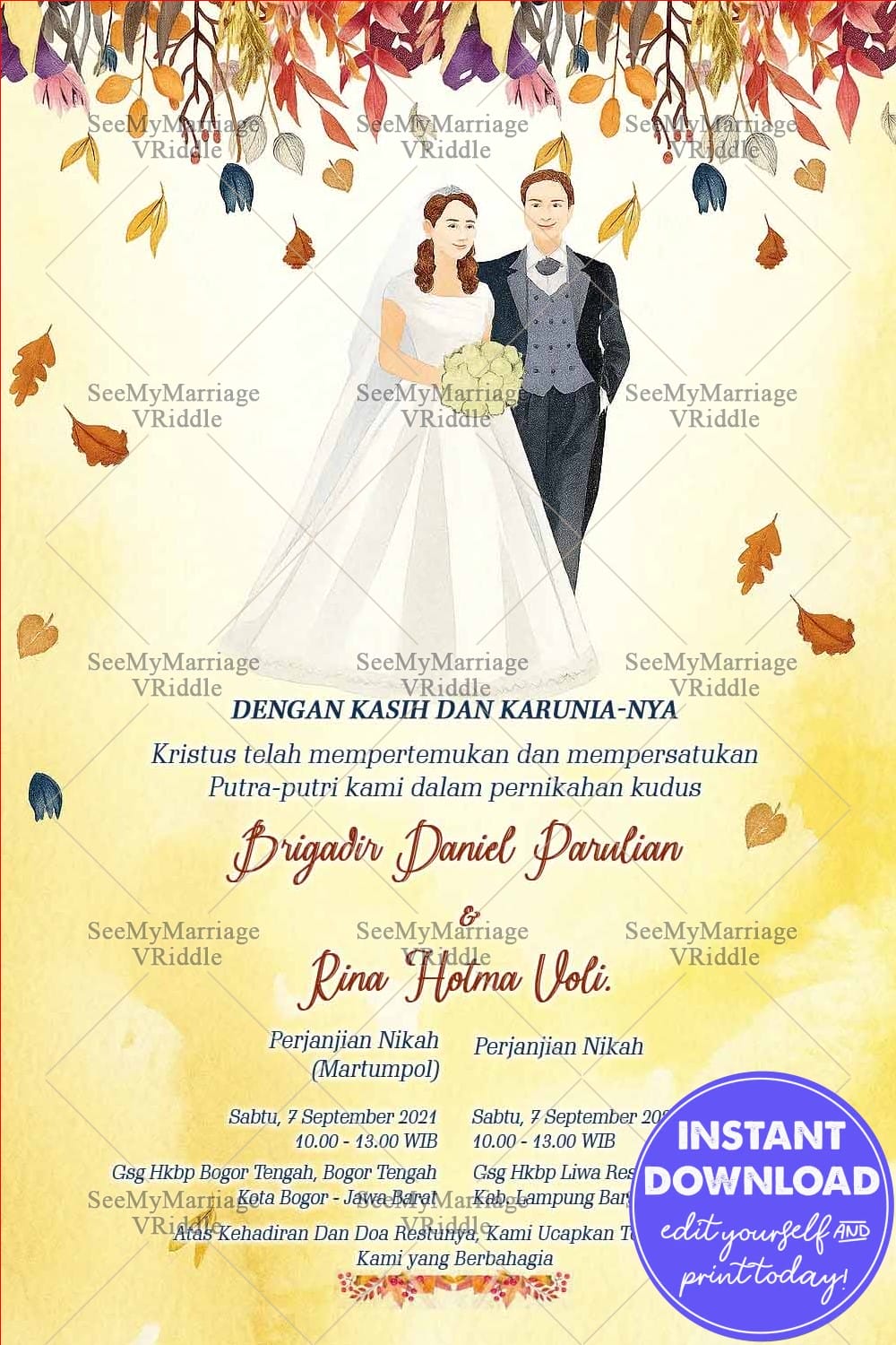 Undangan Pernikahan Indonesian Wedding Invitation Card Decorated With Rustic Fall Leaves And Bride And Groom Illustration In Western-Style Attire, Yellow Watercolor Background.