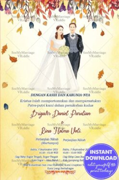 Undangan Pernikahan Indonesian Wedding Invitation Card Decorated With Rustic Fall Leaves And Bride And Groom Illustration In Western-Style Attire, Yellow Watercolor Background.