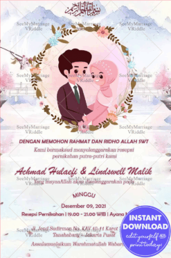 Undangan Pernikahan Indonesian Wedding Invitation Card Decorated With Watercolor Hills And Bride And Groom Illustration, Photo Frame