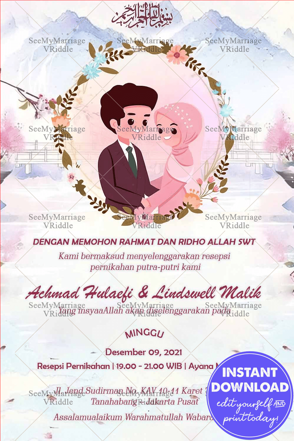Undangan Pernikahan Indonesian Wedding Invitation Card Decorated With Watercolor Hills And Bride And Groom Illustration, Photo Frame