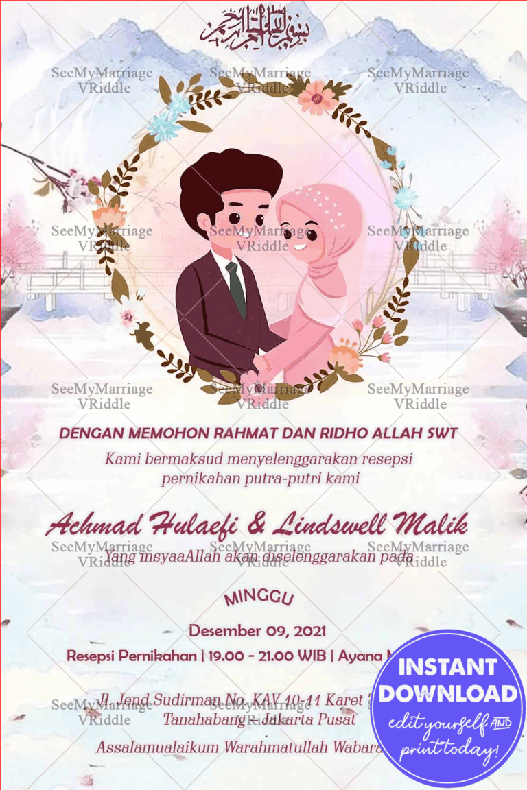 Undangan Pernikahan Indonesian Wedding Invitation Card Decorated With Watercolor Hills And Bride And Groom Illustration, Photo Frame