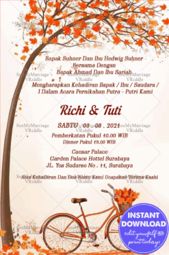 Undangan Pernikahan Simple Indonesian Wedding Invitation Card With Bicycle, Rustic Falling leaves And tree