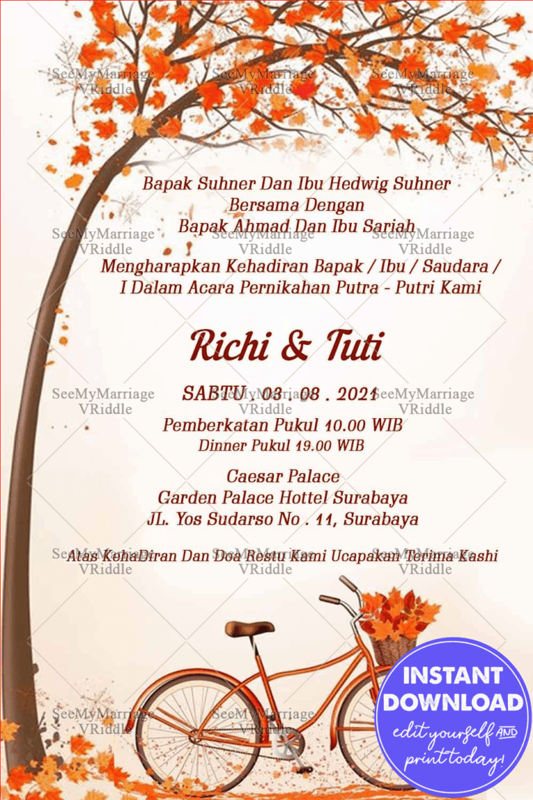 Undangan Pernikahan Simple Indonesian Wedding Invitation Card With Bicycle, Rustic Falling leaves And tree