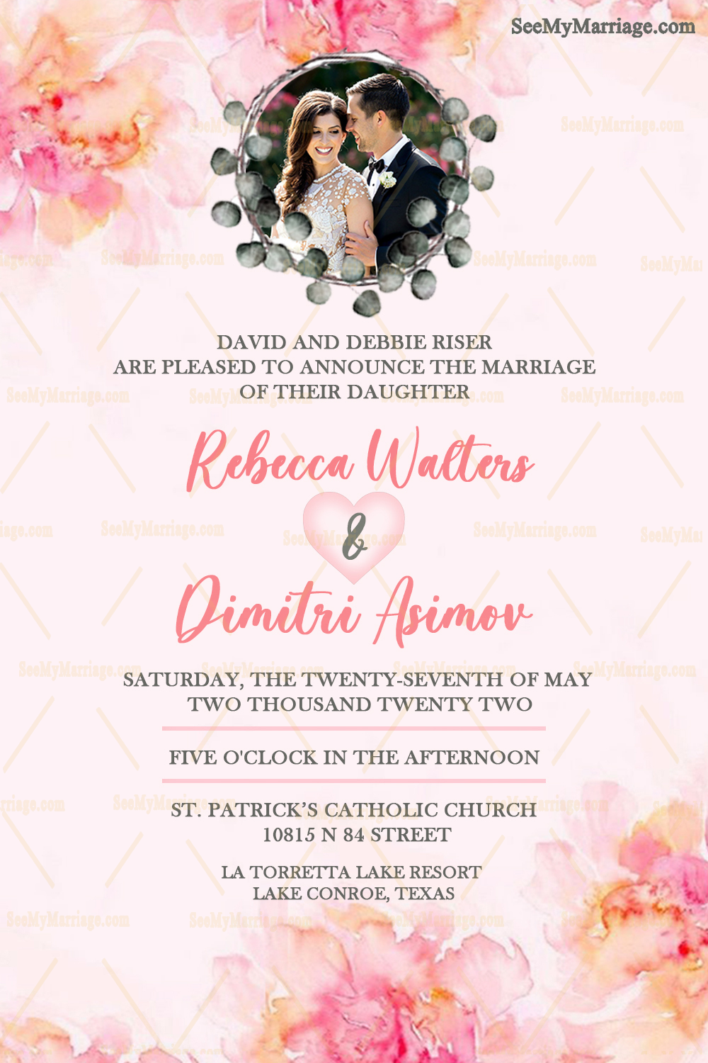 Russian Wedding invitation Card Decorated with Watercolor Flowers, Couple Photo Frame, Pink Background Theme