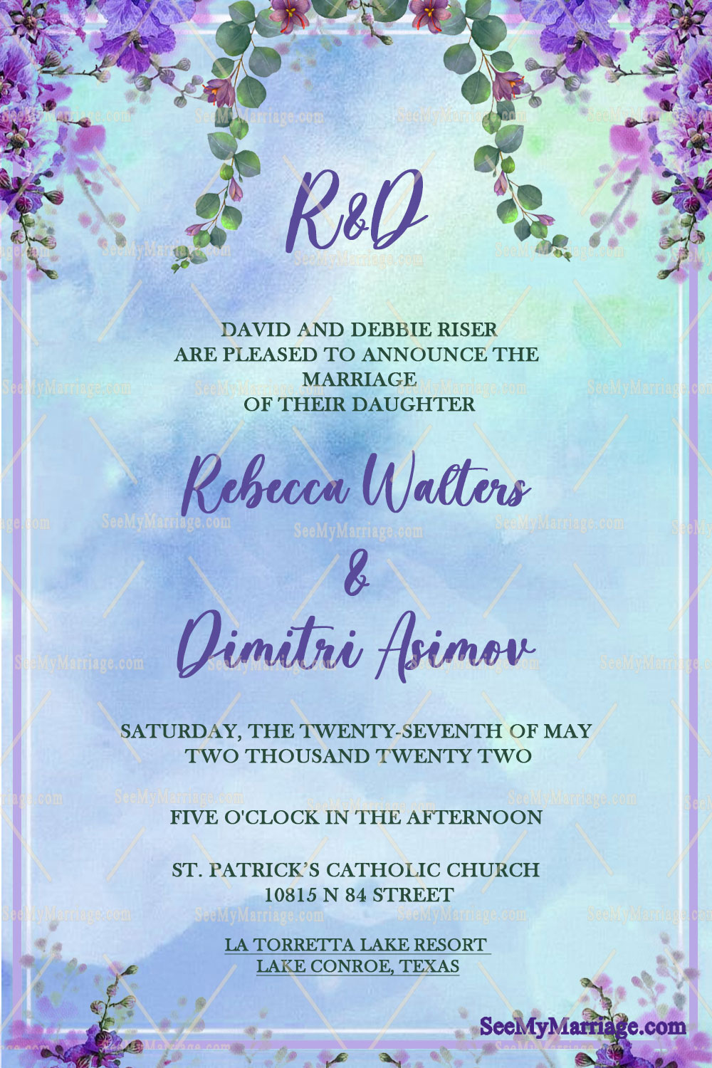 Russian Wedding invitation Card Decorated with Watercolor Hanging Lavender In Blue Background Theme