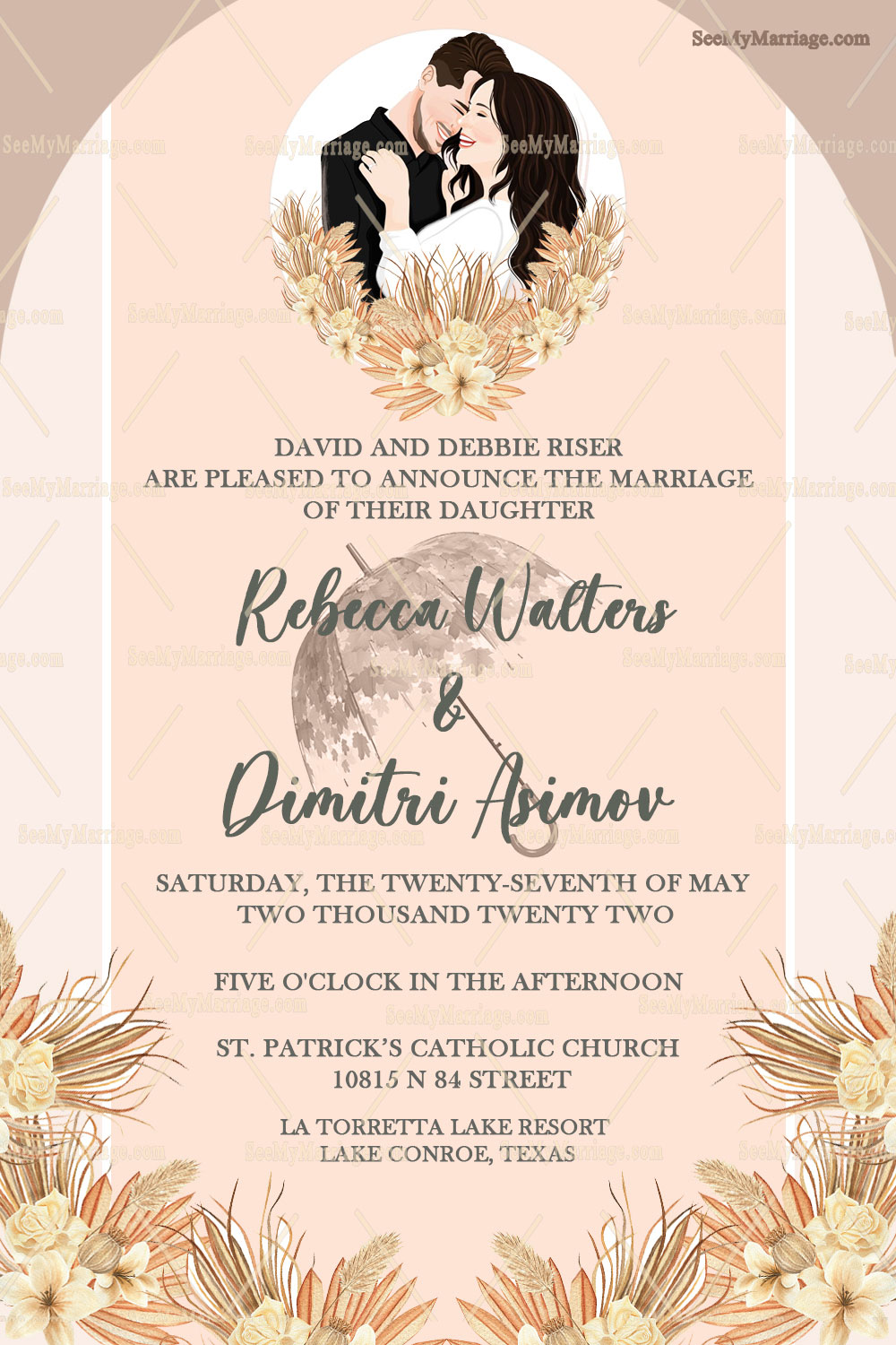 Russian Wedding invitation Card Decorated with Flowers And Couple Photo Frame In Cream And Light Brown Theme