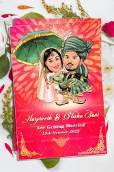 Punjabi Style Caricature Wedding Invitation Card Decorated With Mandala Design, Pink Background, Holding Umbrella And Couple In Traditional Kurta, Turban And Bride In Lehenga
