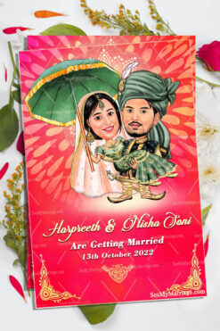 Punjabi Style Caricature Wedding Invitation Card Decorated With Mandala Design, Pink Background, Holding Umbrella And Couple In Traditional Kurta, Turban And Bride In Lehenga