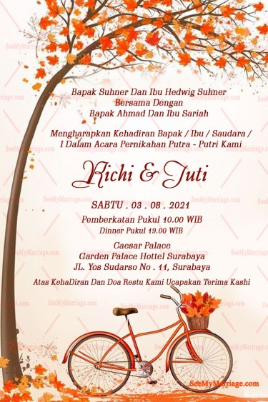Undangan Pernikahan Simple Indonesian Wedding Invitation Card With Bicycle, Rustic Falling leaves And tree