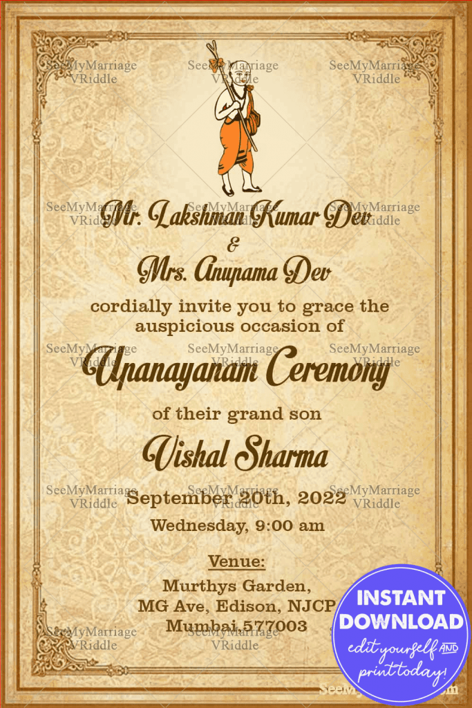 Simple Traditional Upanayanam Ceremony Invitation Card In Light Brown ...