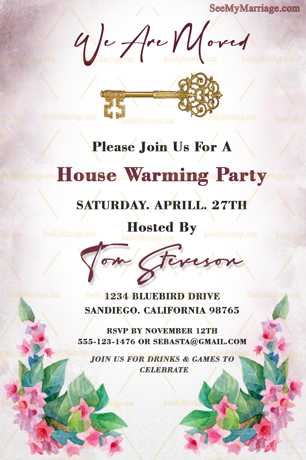 'We Are Moved' House Warming Invitation Card Decorated With Watercolor Flower, Golden Key And Blur Color Background