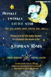 Baby Shower Invitation Card With Watercolor Elephant Sitting On The Moon And Smiling little Star In A Beautiful Dark Blue Sky