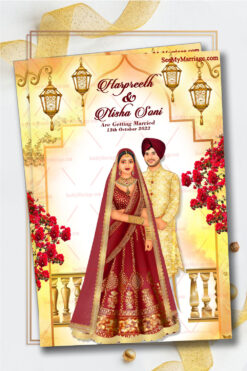 Punjabi Caricature Wedding Invitation Card Decorated With Mahal Frame, Buganvilla Flower, Hanging Lights And Punjabi Couple In Kurta And Bride In Red Lehenga