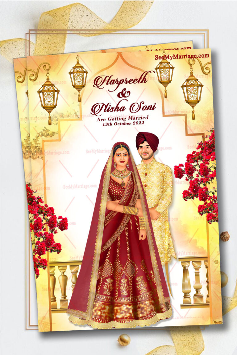 Punjabi Caricature Wedding Invitation Card Decorated With Mahal Frame, Buganvilla Flower, Hanging Lights And Punjabi Couple In Kurta And Bride In Red Lehenga