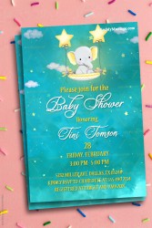 Baby Shower Invitation Card With Cute Watercolor Baby Elephant Sitting On The Star Parachute And Smiling little Star In A Beautiful Sky And Clouds