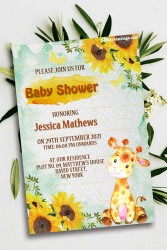Cute Baby Giraffe And Sunflower Themed Baby Shower Invitation Card With Watercolor Background