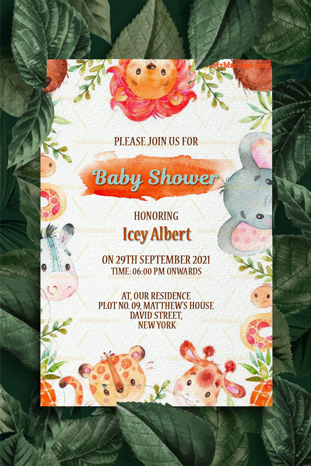 Cute Baby Animals Theme Baby Shower Invitation Card Decorated With Watercolor Leaves In Orange Color Theme