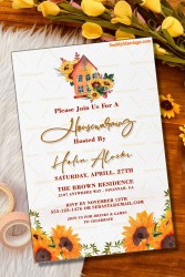 Housewarming Invitation Card Decorated With Watercolor Sunflower And House In Yellow Color