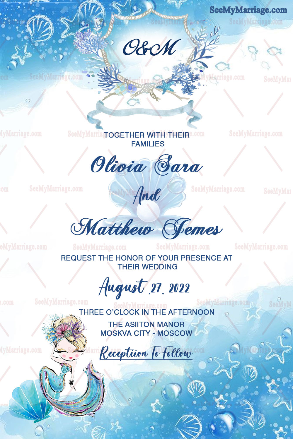A Fun Filled Mermaid Theme Russian Wedding Invitation Card With Sea Shell, Starfish And Cute Mermaid