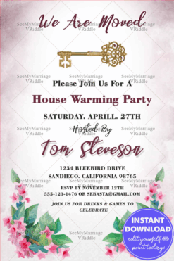 'We Are Moved' House Warming Invitation Card Decorated With Watercolor Flower, Golden Key And Blur Color Background