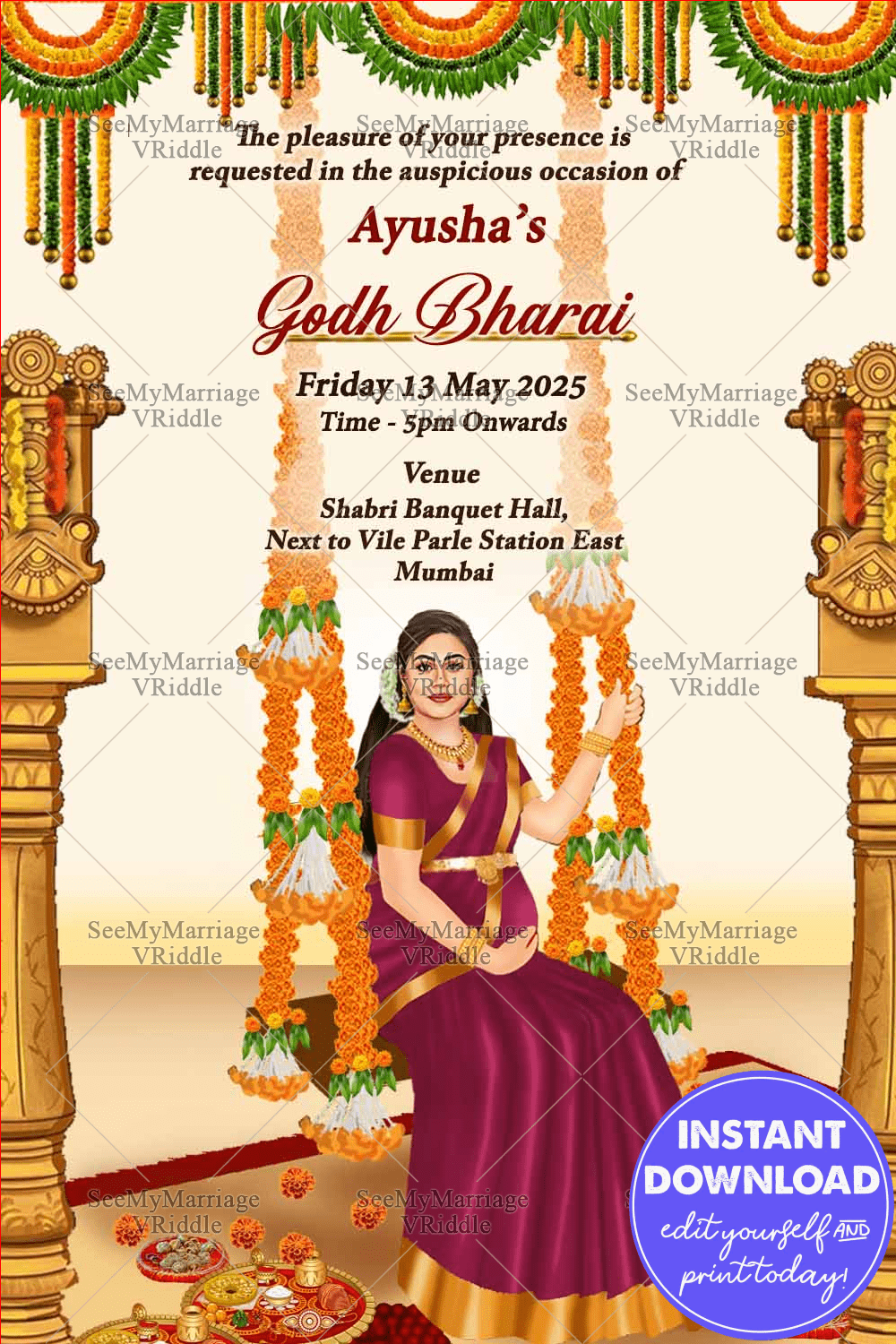 Traditional Caricature Theme Godh Bharai Invitation Card With Women Illustration Sitting On Swing Decorated With Flowers