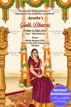 Traditional Caricature Theme Godh Bharai Invitation Card With Women Illustration Sitting On Swing Decorated With Flowers