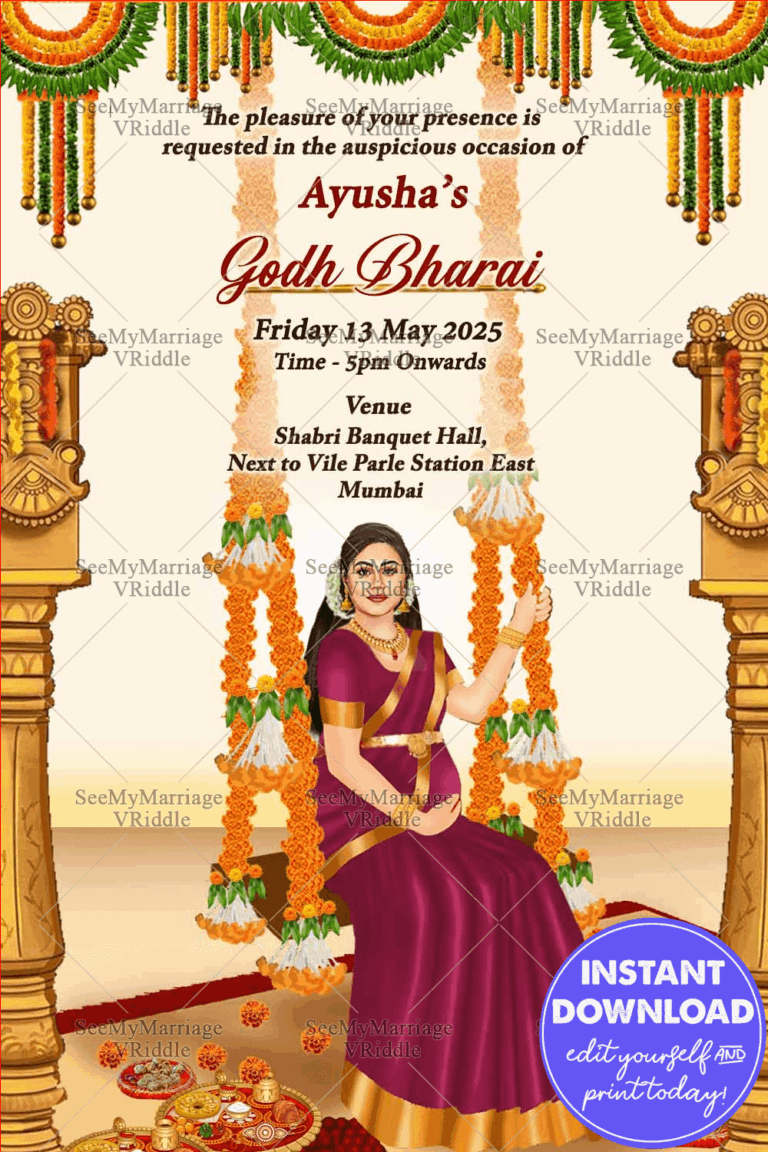 Traditional Caricature Theme Godh Bharai Invitation Card With Women Illustration Sitting On Swing Decorated With Flowers