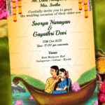 Traditional Couple Theme Wedding Invitation Card With Lake Water, Lotus Flower, Hanging Marigold Flower, Lake Water And Boat