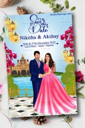 Lovely Couple Caricature Save The Date Invitation Card With, Blue Background, Palace Image, Hanging Lights Bougainvillea And Couple In Suit And Bride In Gown