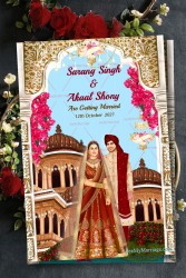 Punjabi Style Caricature Wedding Invitation Card With Mahal Frame Design, Blue Background, Palace Image, Bougainvillea And Couple In Traditional Kurta, Turban And Bride In Lehenga
