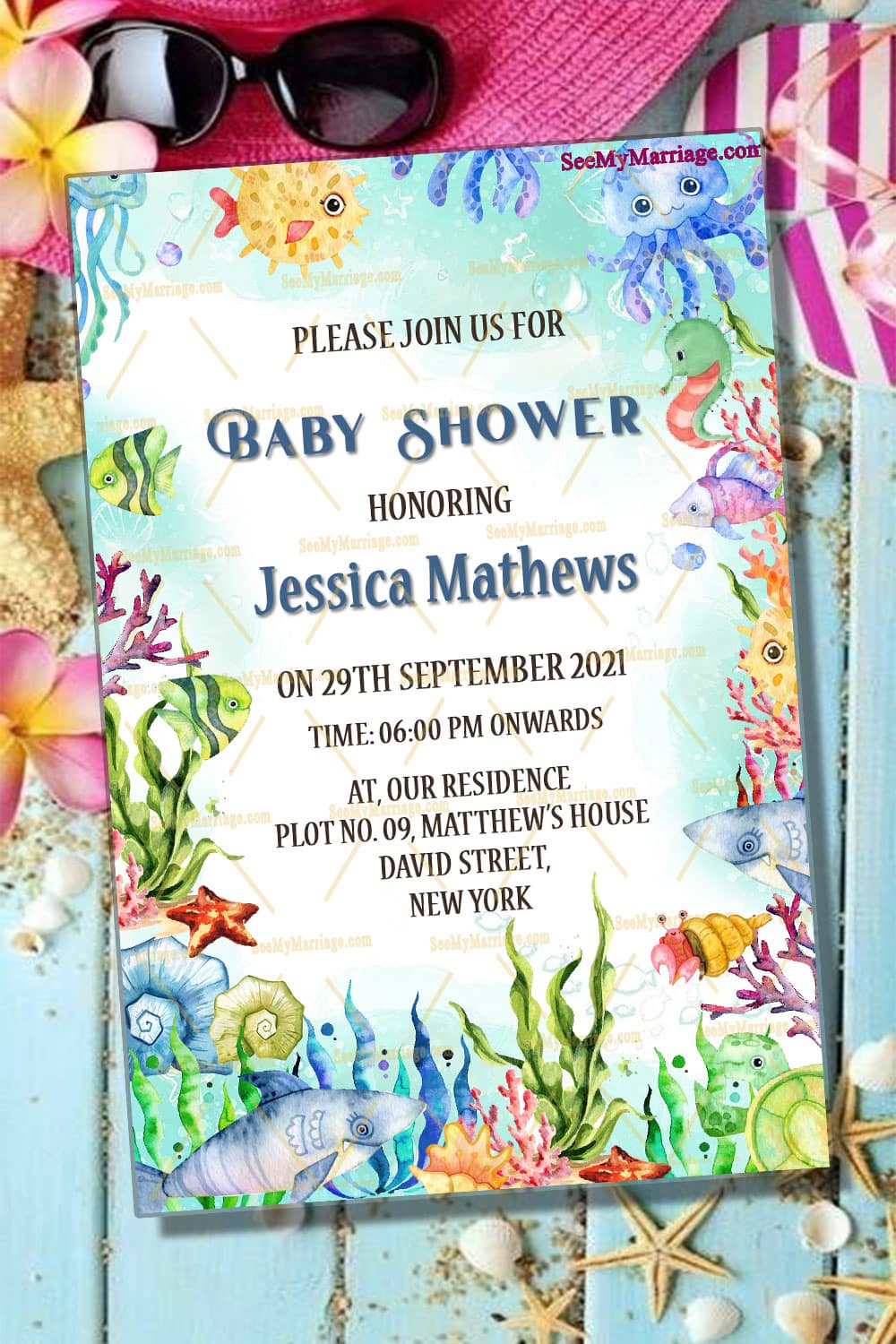 Under Sea Water Colorful Animal Themed Baby Shower Invitation Card