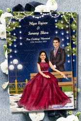 Lovely Couple Caricature Wedding Invitation Card With, Dark Blue Night Background, Hanging String Lights, Tree And Couple In suit And Bride In Gown