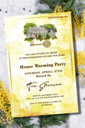 Simple Housewarming Invitation Card With Yellow Watercolor Background, House And Key