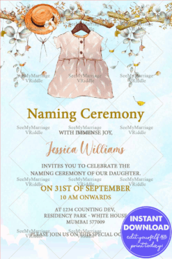 Baby Girl Naming Ceremony Invitation Card With Sky Blue Theme And Frock