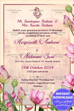 Beautiful Lotus Flower Wedding Card With A Palace Background in Cream Color Theme